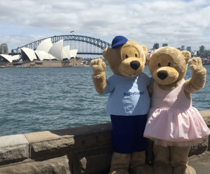 Twinkle and Teddy in front of the Sydney Opera House